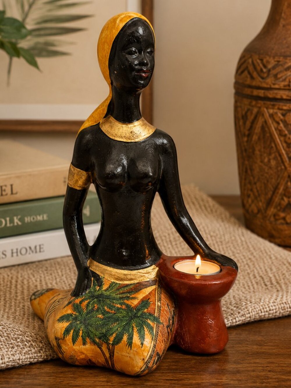 Vintage African Woman Figurine Candle Holder Palm Tree Folk Art Sculpture 8.75"